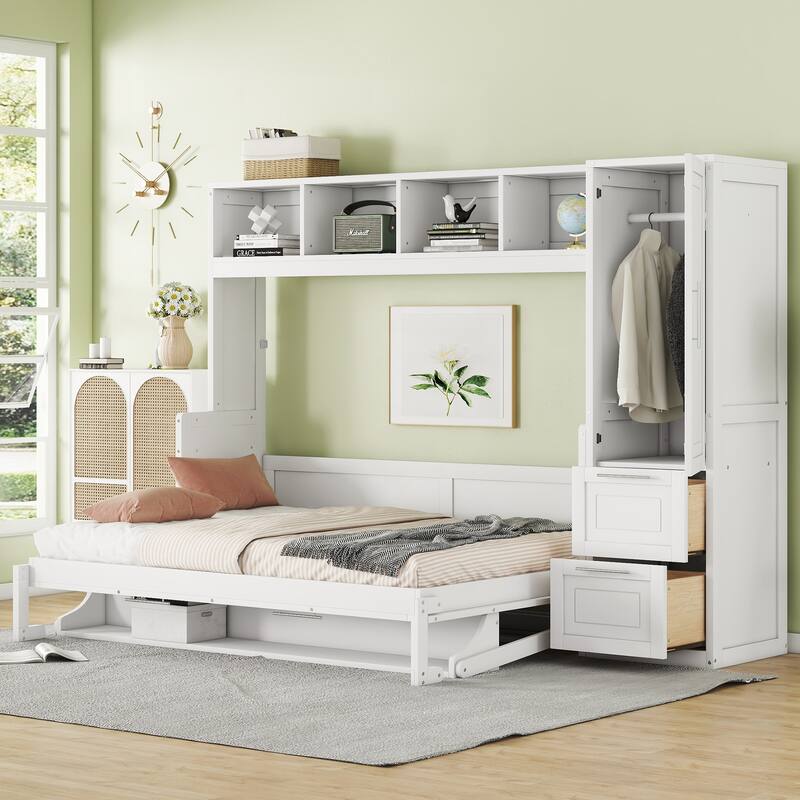 Murphy Bed with Side Wardrobe, Top Cabinet & Storage Drawers, Wall Bed Panel Bed Frame Foldable Into White Cabinet, Full Size - White