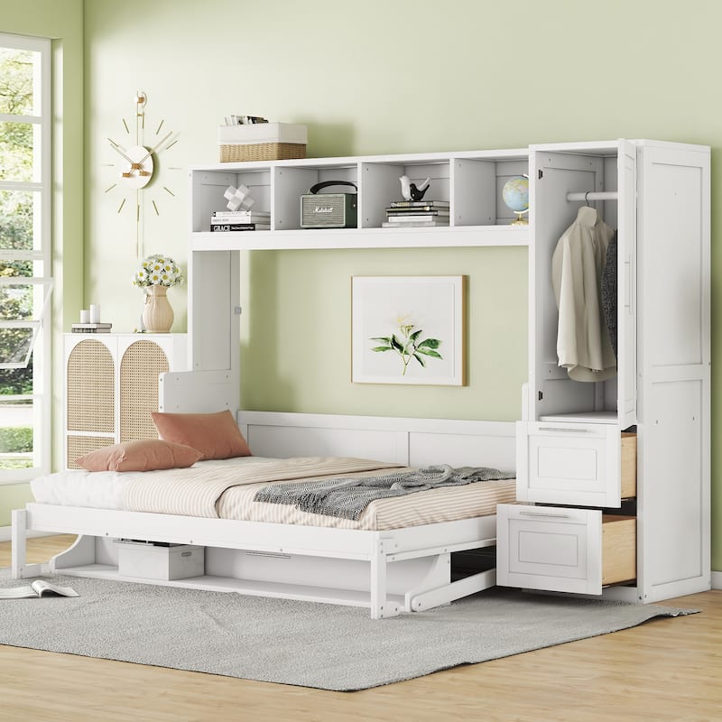 Space-Saving Full Size Murphy Bed with Integrated Closet and Drawers, White