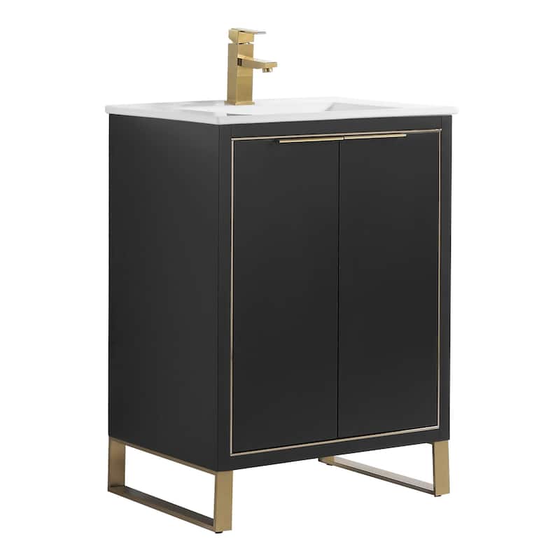 Fine Fixtures Opulence Collection Bathroom Vanity with White Ceramic Sink - 24 Inch - Black Matte - Satin Brass Hardware