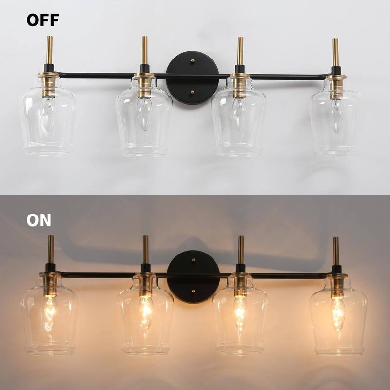 4-Light Black Gold Modern Bathroom Vanity Light Glass Wall Sconces for Powder Room