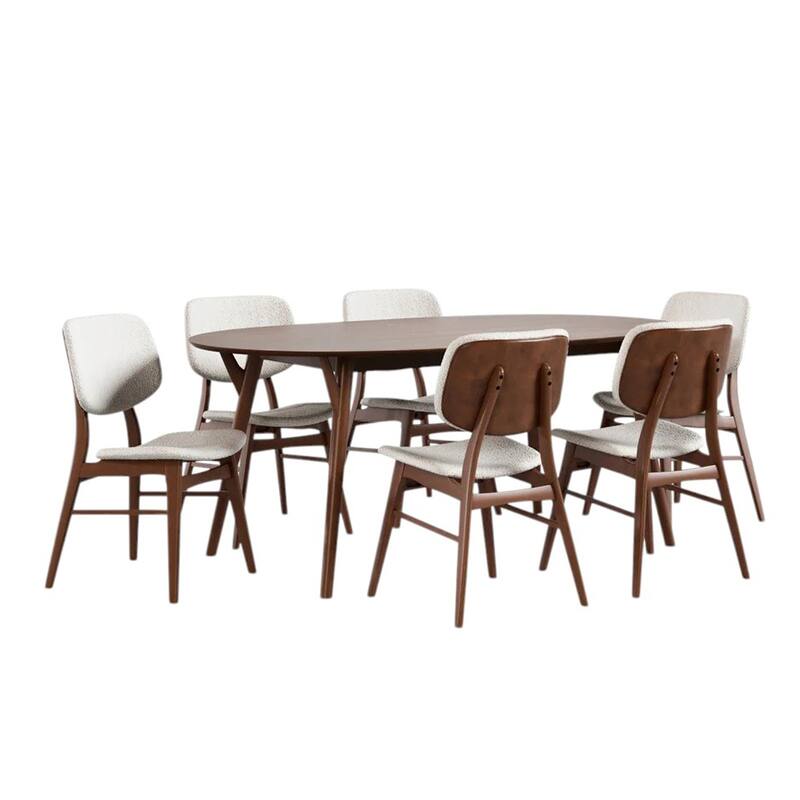 Oval Wooden Dining Set with with Angled Legs in Walnut and Beige - 7-Piece