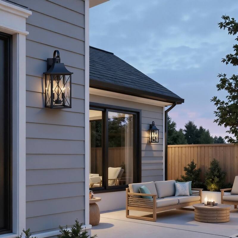 KAWOTI 2-Light Black Lantern Outdoor Sconce with Clear Glass Shade - W8.125" * H19.5" * E9"