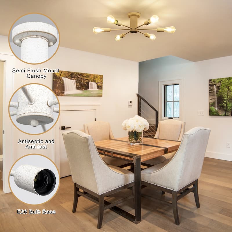 6-Light Modern Industrial Sputnik Semi-Flush Mount Ceiling Light - N/A