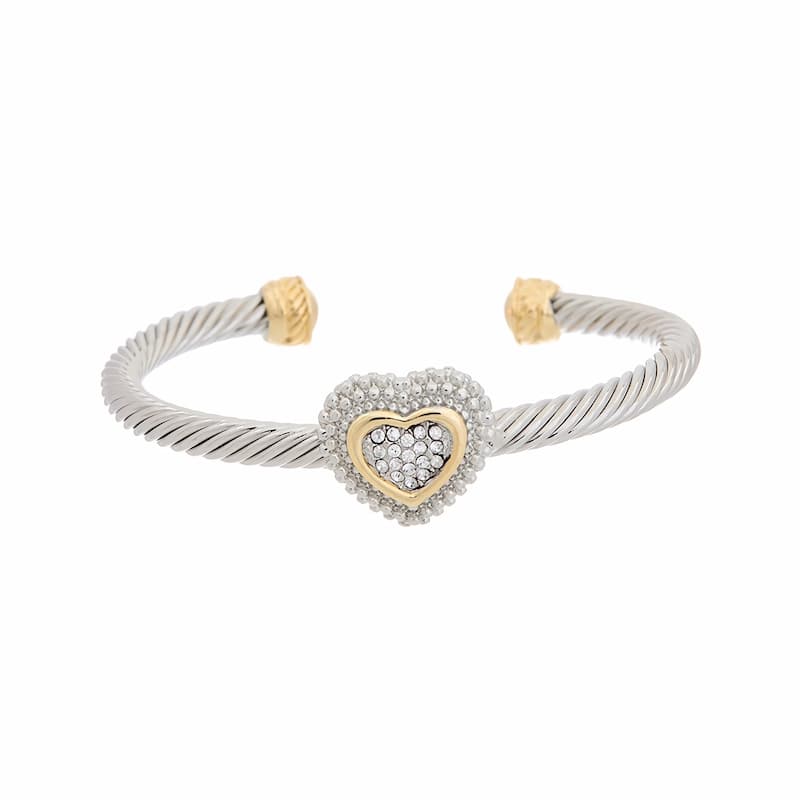 Juvell Gold Two-Tone Plated Cubic Zirconia Twisted Cable Heart Bangle Bracelet