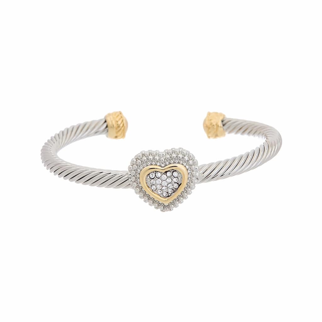 Juvell Gold Two-Tone Plated Cubic Zirconia Twisted Cable Heart Bangle Bracelet
