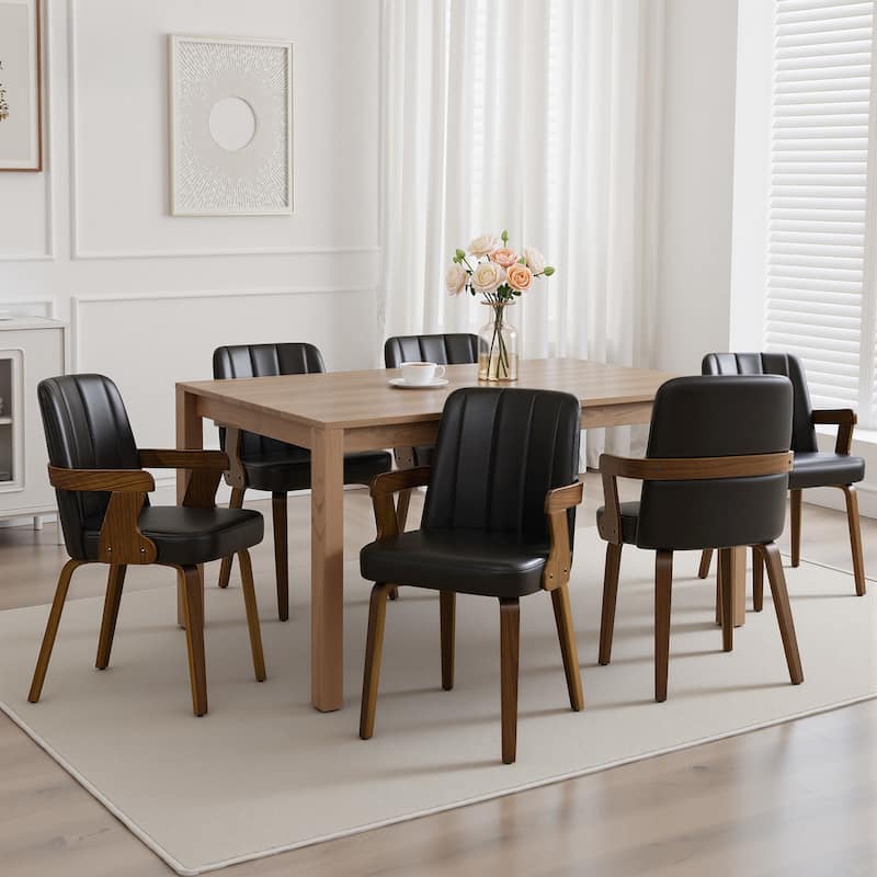 Mid-century Modern Upholstered Dining Chairs Bentwood Side Chairs with Armrests - 34.3"H x 19.9"W x 22.1"D - Set of 6 - Black
