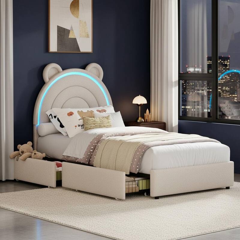 Velvet Upholstered Platform Bed Frame, with 2 Storage Drawers - Grey