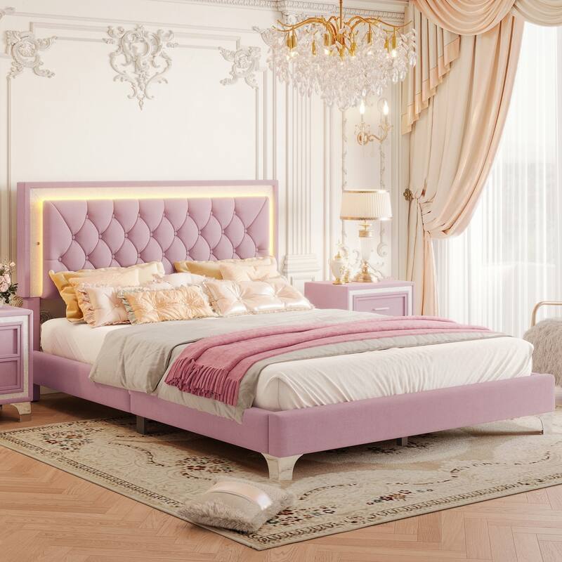 Queen Size Velvet Platform Bed with LED Lights and Tufted Headboard, Pink