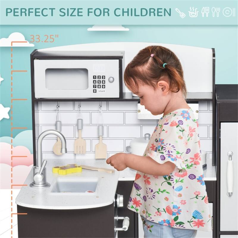 Kids Wooden Corner Kitchen Playset with Sink Stove Refrigerator and Accessories Black Silver - 33.75"L x 25.25"W x 33.25"H