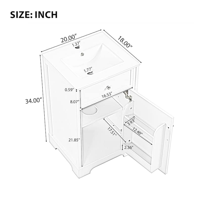 20" Compact Bathroom Vanity with Sink, Cabinet with Soft-Close Door and Side Rack, Storage Vanity with Adjustable Shelf