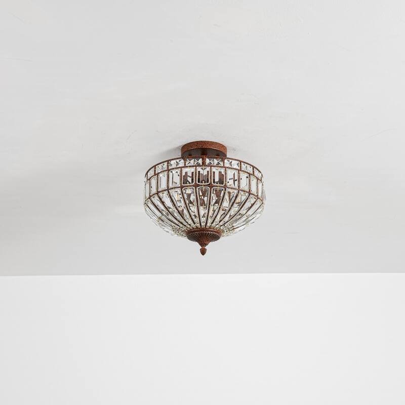 15.6" 3-Light Retro Rust-Colored Bowl Shaped Faceted Clear Crystal Semi-Flush Mount Ceiling Light for Bedroom, Kitchen
