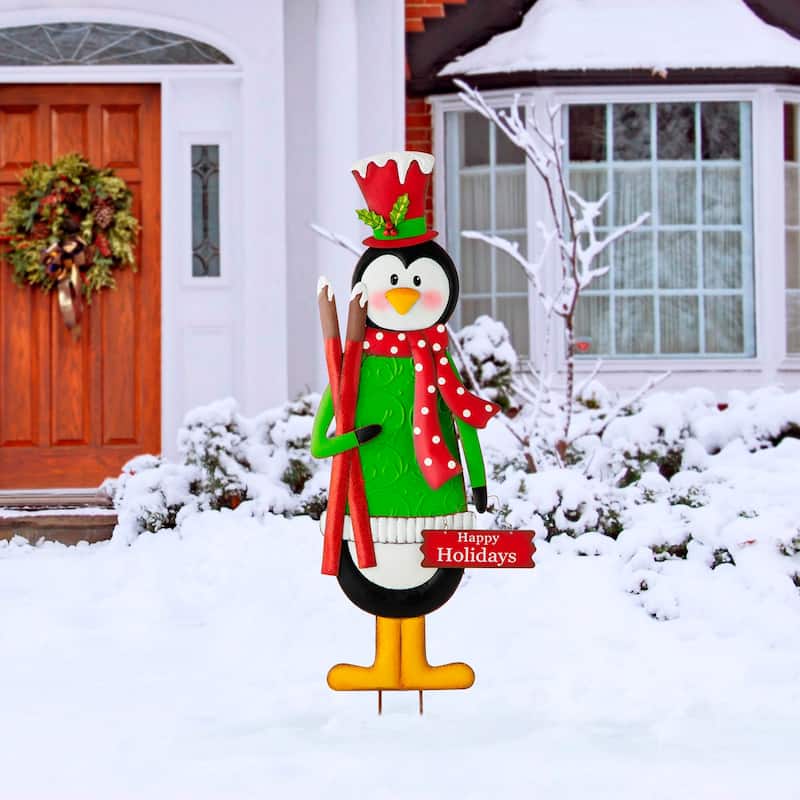 Glitzhome 36"H Christmas Metal Penguin Nutcracker Yardstake Standing Sign Wall Decor - Penguin