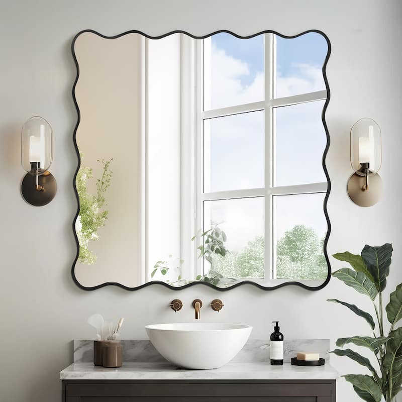 Rectangle Metal Framed Irregular Wavy Wall Mirror - 36x36 - Black
