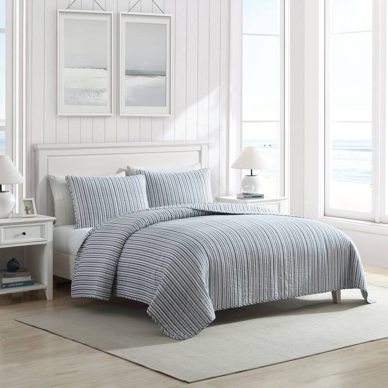 Nautica Coleridge Vertical Stripes Reversible Cotton Quilt (Blue, 3 Piece Set)