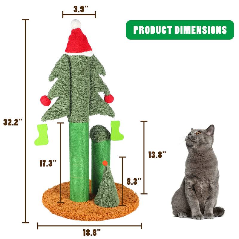 CUSchoice 32" Christmas Tree Cat Scratcher with 3 Posts & Teaser Balls - 32'