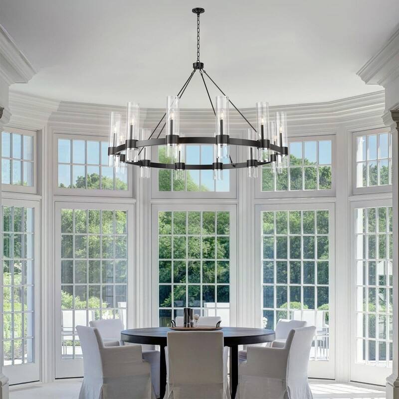 Modern Farmhouse Chandelier Black Wagon Wheel Chandelier with Clear Glass Shade