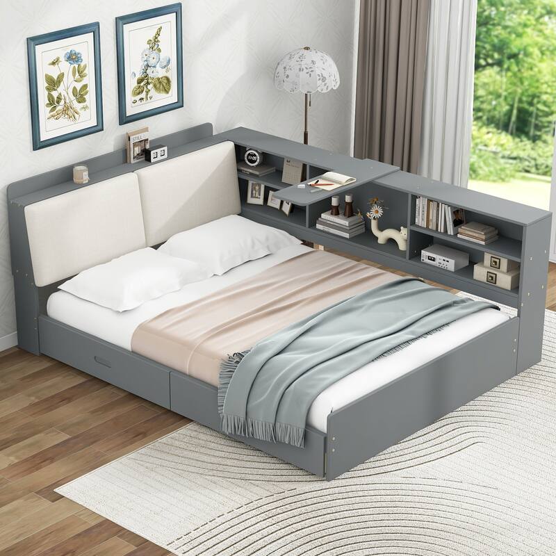 Wood Full Size platform bed with Storage Headboard Shelves and 2 Drawers - Grey