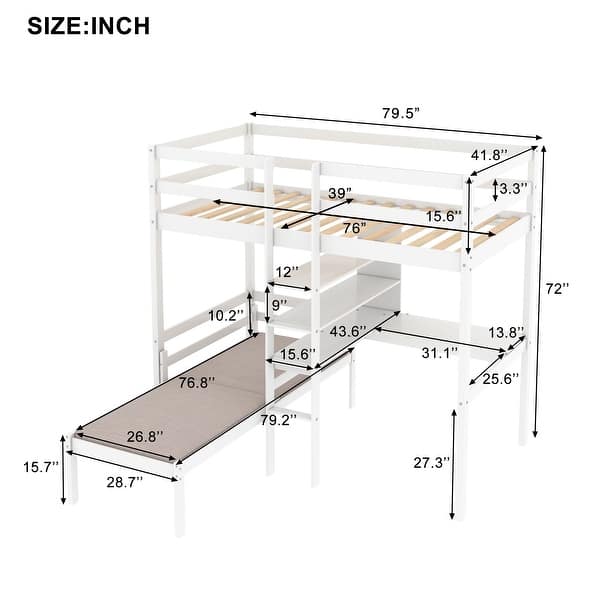 Convertible Twin Size Loft Bed with L-Shape Desk, Wooden Twin Bedframe
