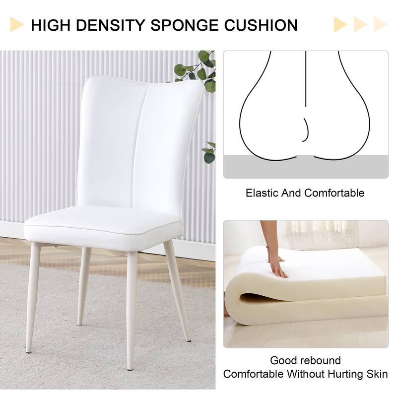 Modern minimalist dining chair, white PU leather curved back and seat cushion, white metal chair legs, set of 4