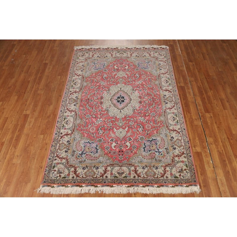 Handmade Pink Wool & Silk Tabriz Persian Area Rug Traditional Carpet - 5'0"x 7'6"