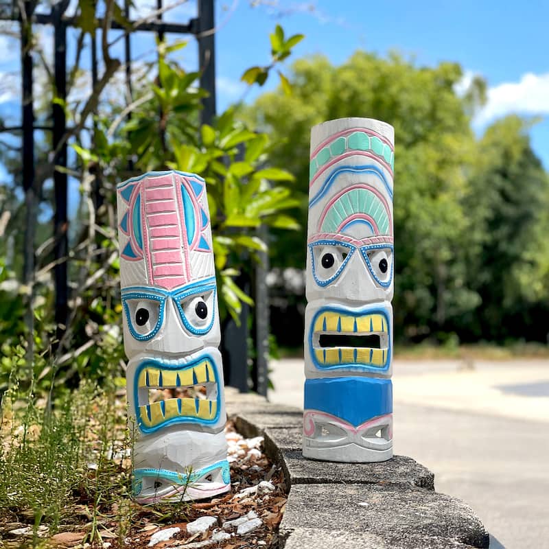 Set Of 2 - 20" Tiki Masks Hand-Carved Wood Wall Decor Indoor/Outdoor