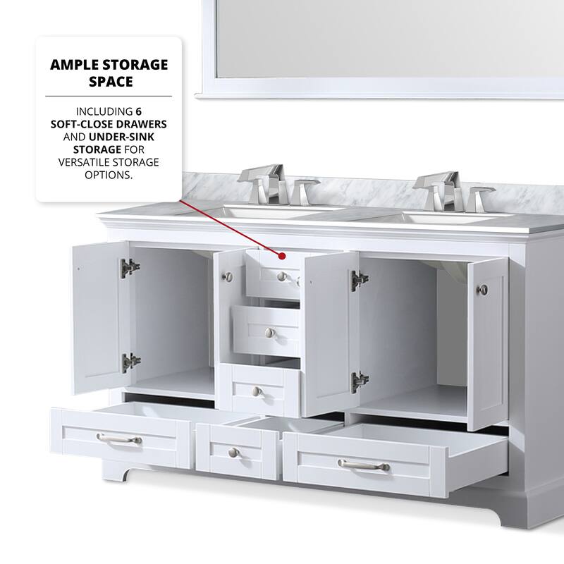 Dukes 60 in. W x 22 in. D Navy Blue Double Bath Vanity, Carrara Marble Top, Faucet Set, and 58 in. Mirror