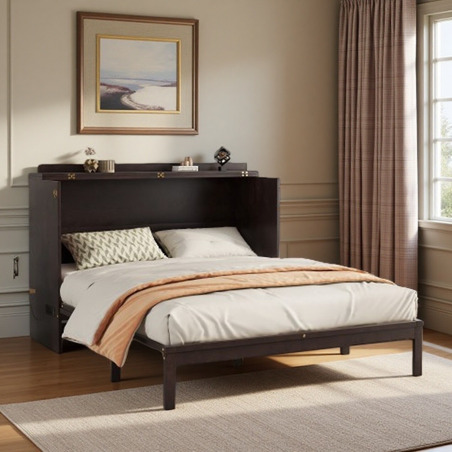 Queen Folding Wall Bed with Pine Wood Frame, Built-In Power Charging Station, Rattan Accent Panel, and Spacious Storage Drawer