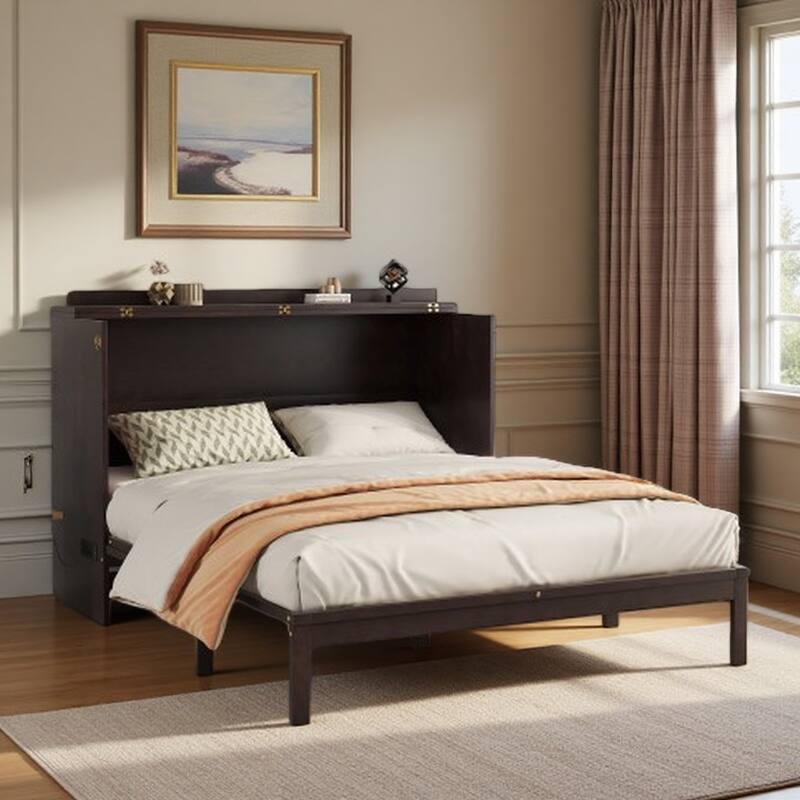 Queen Folding Wall Bed with Pine Wood Frame, Built-In Power Charging Station, Rattan Accent Panel, and Spacious Storage Drawer - Espresso