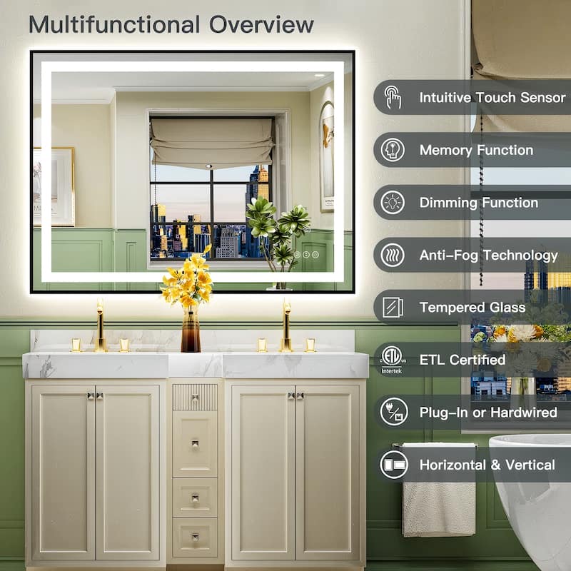 Framed Front & Back LED Lighted Anti-Fog Tempered Glass Wall Bathroom Vanity Mirror