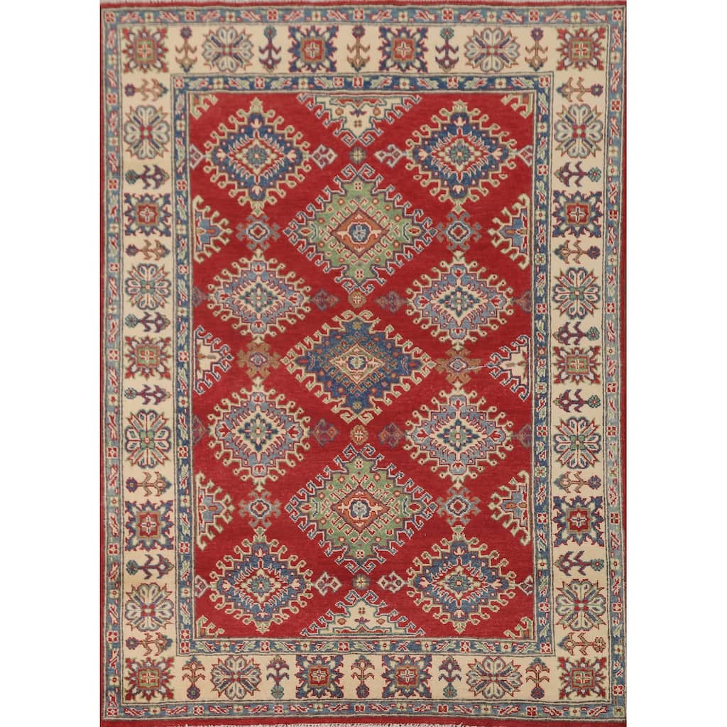 Red Kazak Area Rug Hand-Knotted Oriental Wool Carpet - 5'0" x 6'8"