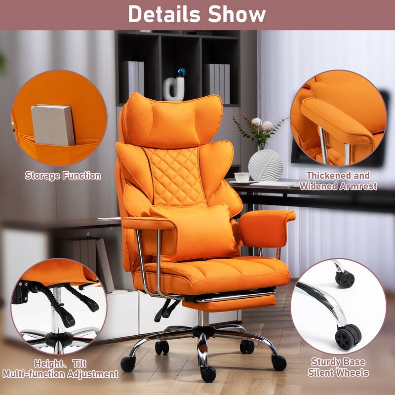 Comfortable Ergonomic Office Chair with Foot Rest, PU Leather Reclining Chair with Adjustable Height Headrest and Waist Lumber