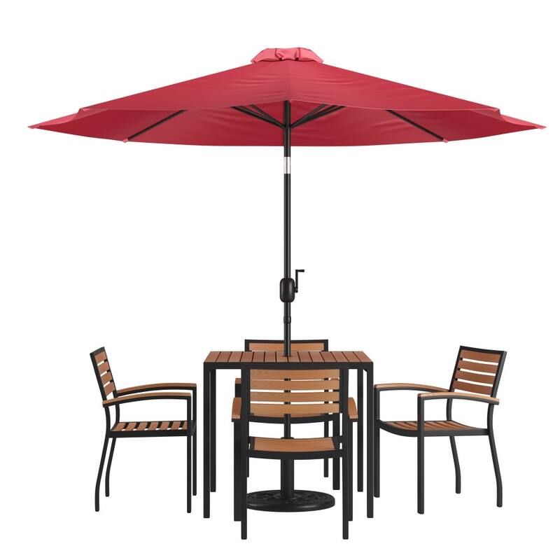 35" Square Faux Teak Patio Table, 4 Chairs and 9FT Patio Umbrella with Base