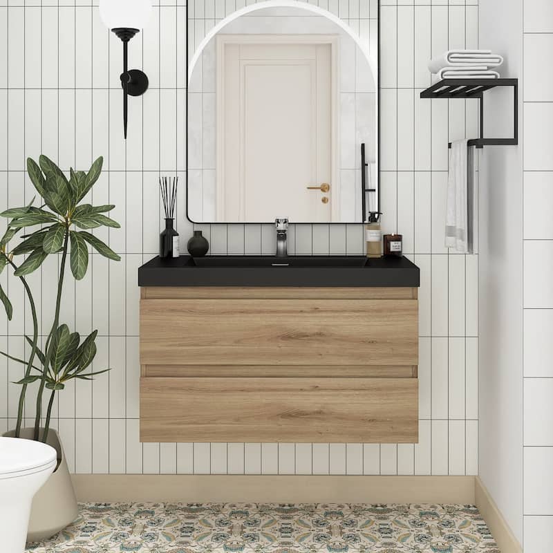 MDF Wall-Mounted Bathroom Vanity Set in Oak with Integrated Culture Marble Sink - 36'' x 20''
