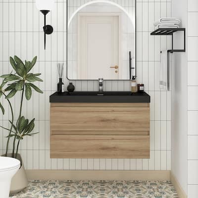 MDF Wall-Mounted Bathroom Vanity Set in Oak with Integrated Culture Marble Sink