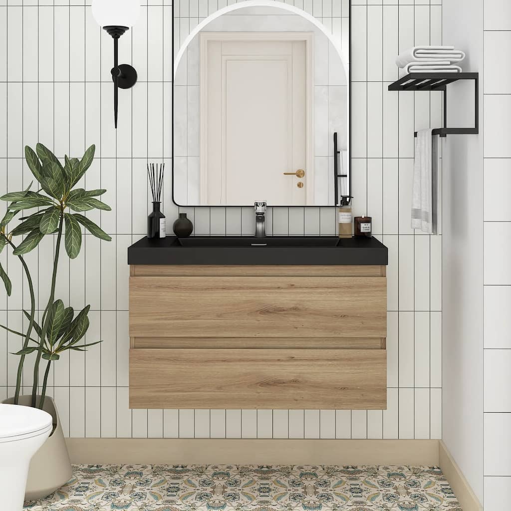 MDF Wall-Mounted Bathroom Vanity Set in Oak with Integrated Culture Marble Sink