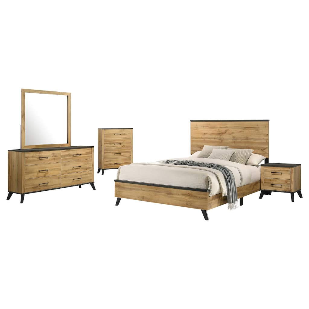 Wemy 5 Piece King Size Bed Set, Rustic Brown Pine Wood, Tapered Legs