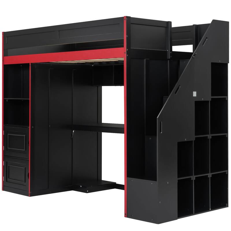 Roomfitters Twin/Full Gaming Loft Bed with Desk, Storage Locker and LED Lights, Black