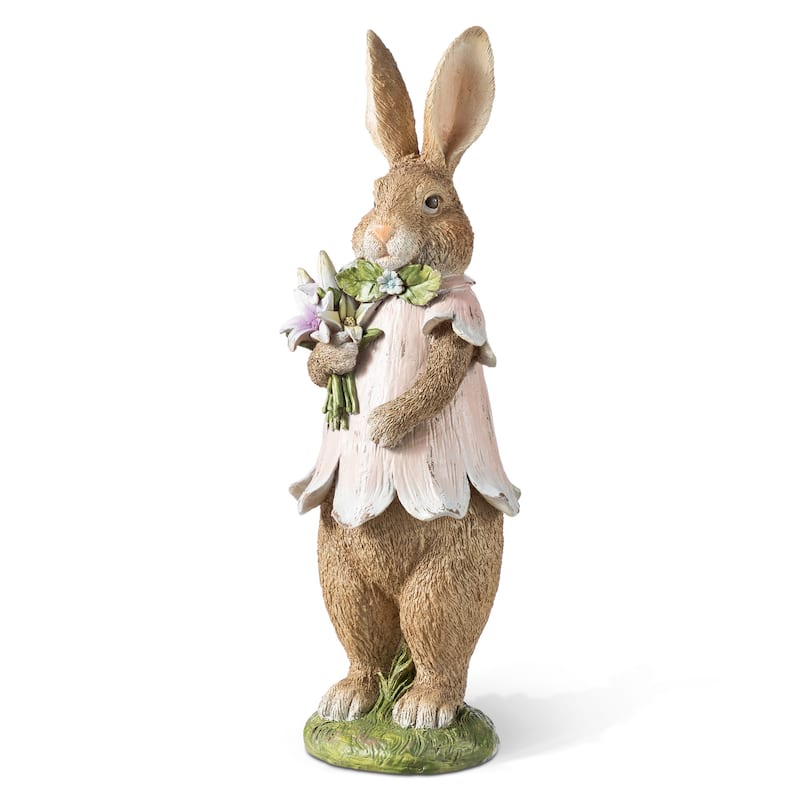 Glitzhome Easter Resin Bunny Boy Girl Table Decor with Flower Rabbit Figurine Ornaments
