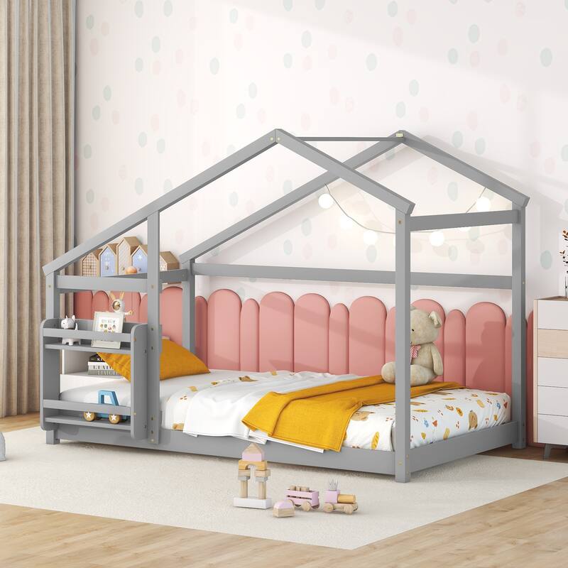 Floor Wooden House Bed with Shelf, No Box Spring Needed
