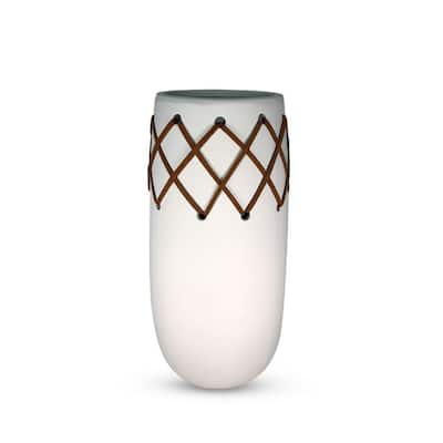 Southwestern White Oblong Ceramic Vase with Brown Leather Stitching