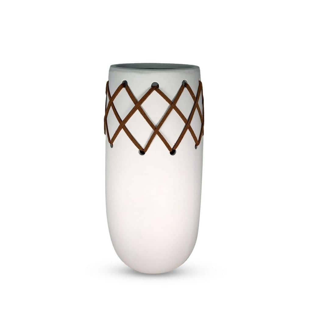 Southwestern White Oblong Ceramic Vase with Brown Leather Stitching