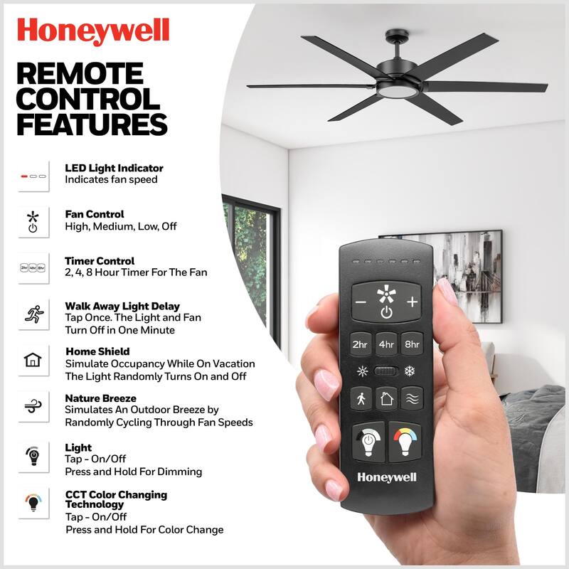 70" Honeywell Talbert Matte Black Ceiling Fan with Integrated Light and Remote - Matte Black