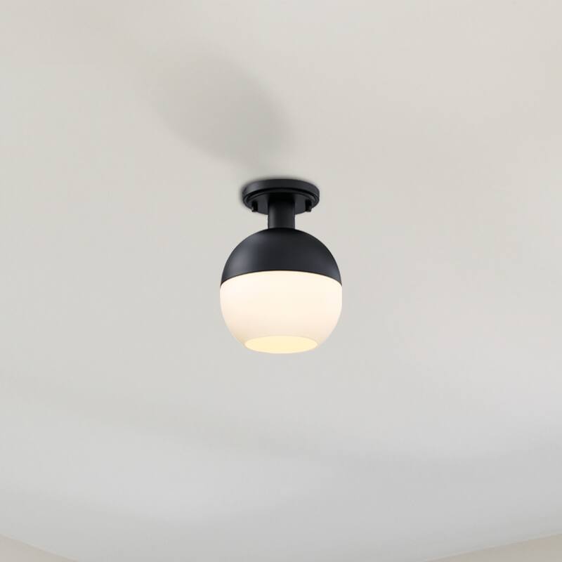 Linden 8 in. 1-Light Matte Black Mid-Century Modern Semi Flush Mount with Etched Opal Glass Shade for Bedrooms - 10.5