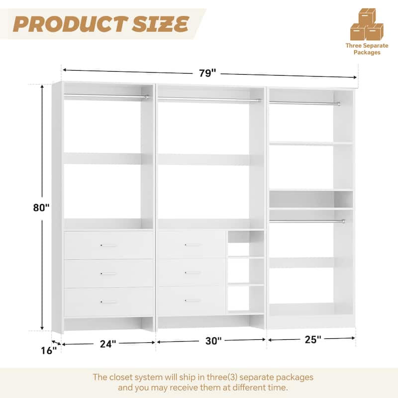 Cimly Set of 3 Closet System with 6 Drawers, 104'' Wide Freestanding Closet Organizer