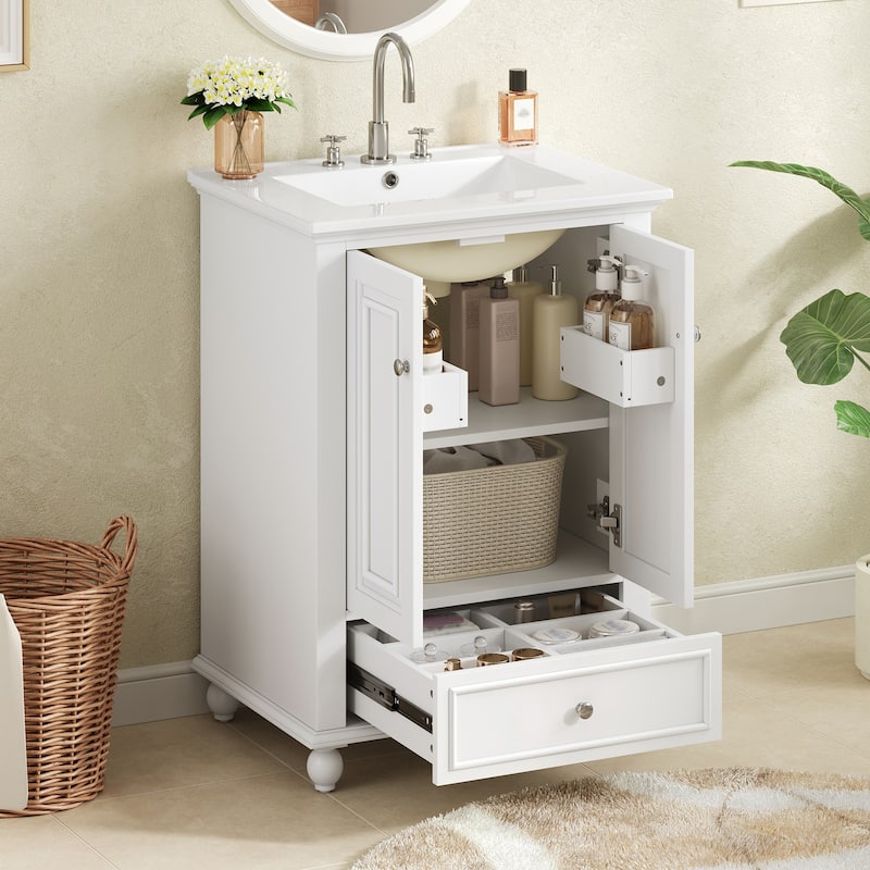 24"Bathroom Vanity with Ceramic Sink, Storage Cabinet with Soft Closing Doors, Bathroom Cabinet with Drawer and Drawer Dividers