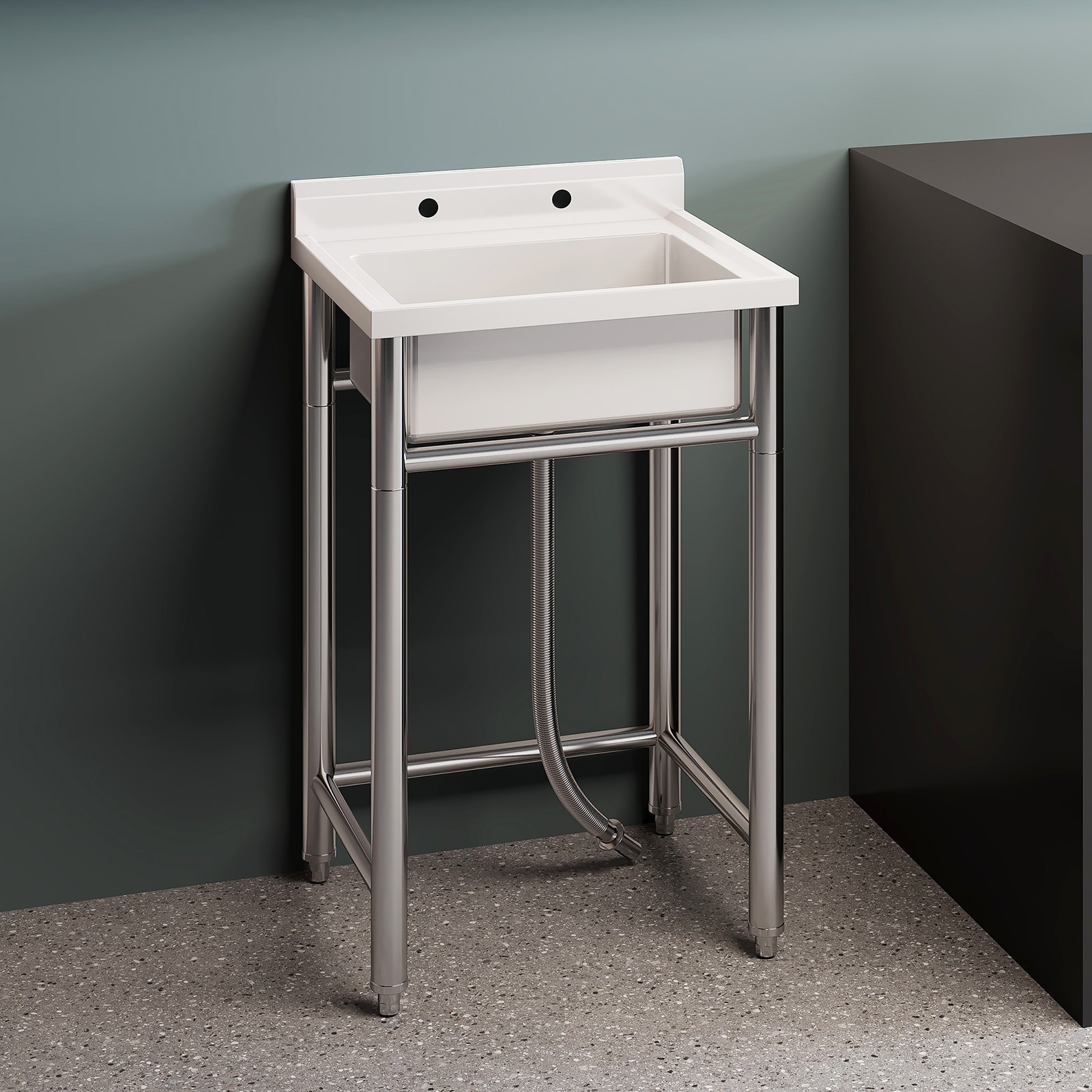 Stainless Steel Utility Sink, Freestanding Single Bowl with Backsplash & Shelf, Heavy Duty Basin for Laundry