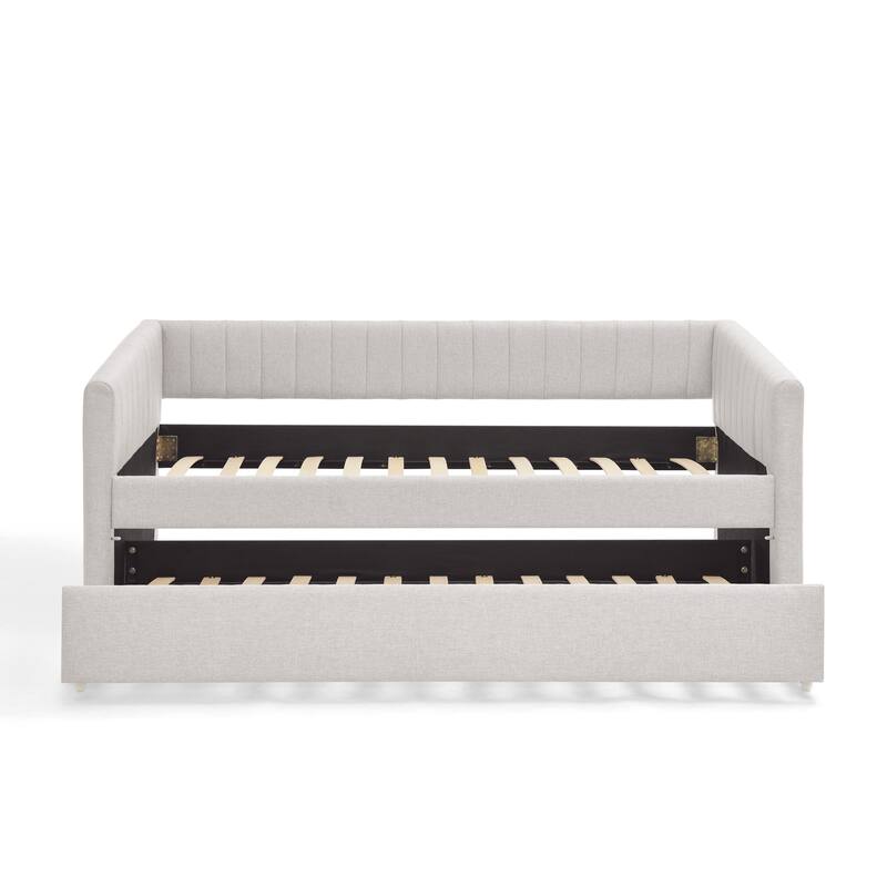 Twin Size Daybed with Trundle Upholstered Sofa Bed, with Vertical Stripes, Linen Fabric,(82.5"x43"x30")