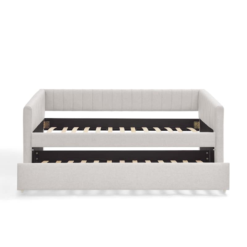 Twin Size Linen Upholstered Daybed with Trundle - Vertical Striped Sofa Bed with Foam Padding