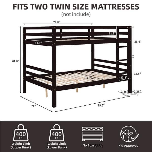 dimension image slide 2 of 4, Full over Full Wooden Bunk Bed, High Guardrail,Ladder, No Box Spring