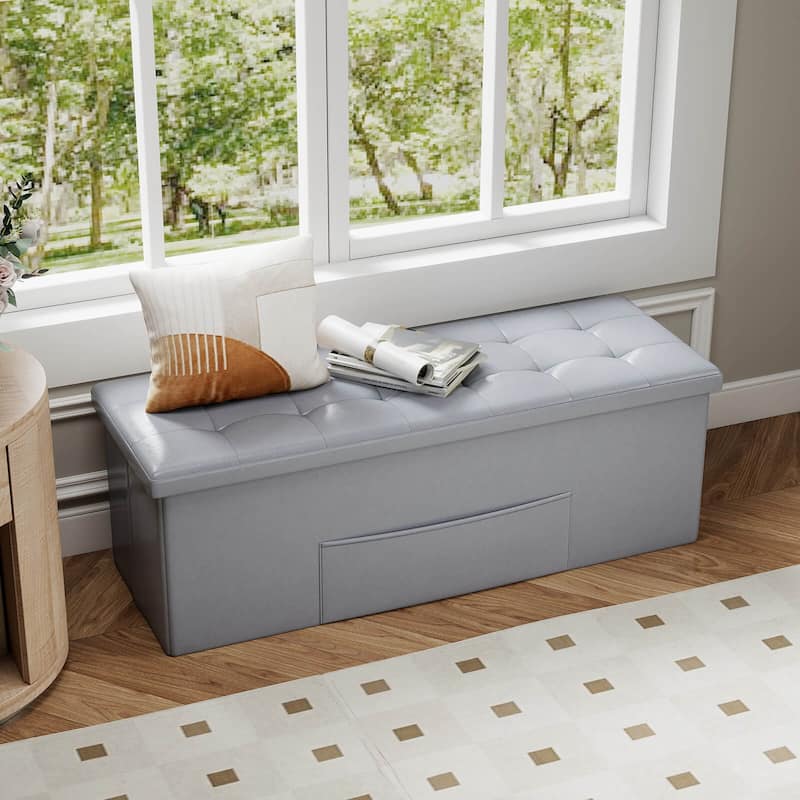 Costway 43 Inches Folding Storage Ottoman Bench with Side Pocket